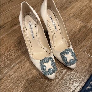 Manolo Blahnik Hangisi Bridal White Satin Pumps with Blue Embellishments Size 37